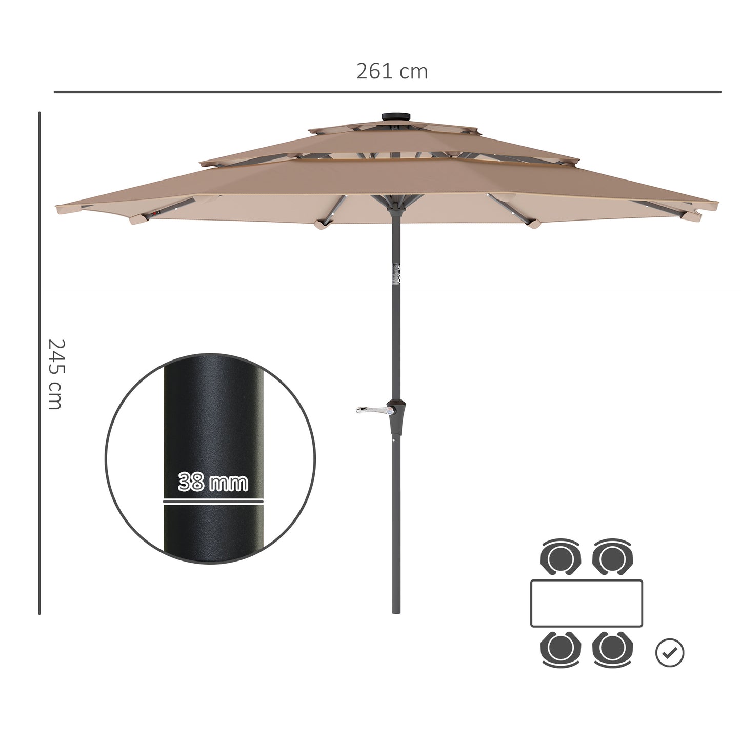 Outsunny 3-Tier Garden Parasol with Solar LED Lights, UPF 30+, Tilt Mechanism & Crank Handle, for Market Terrace, Khaki