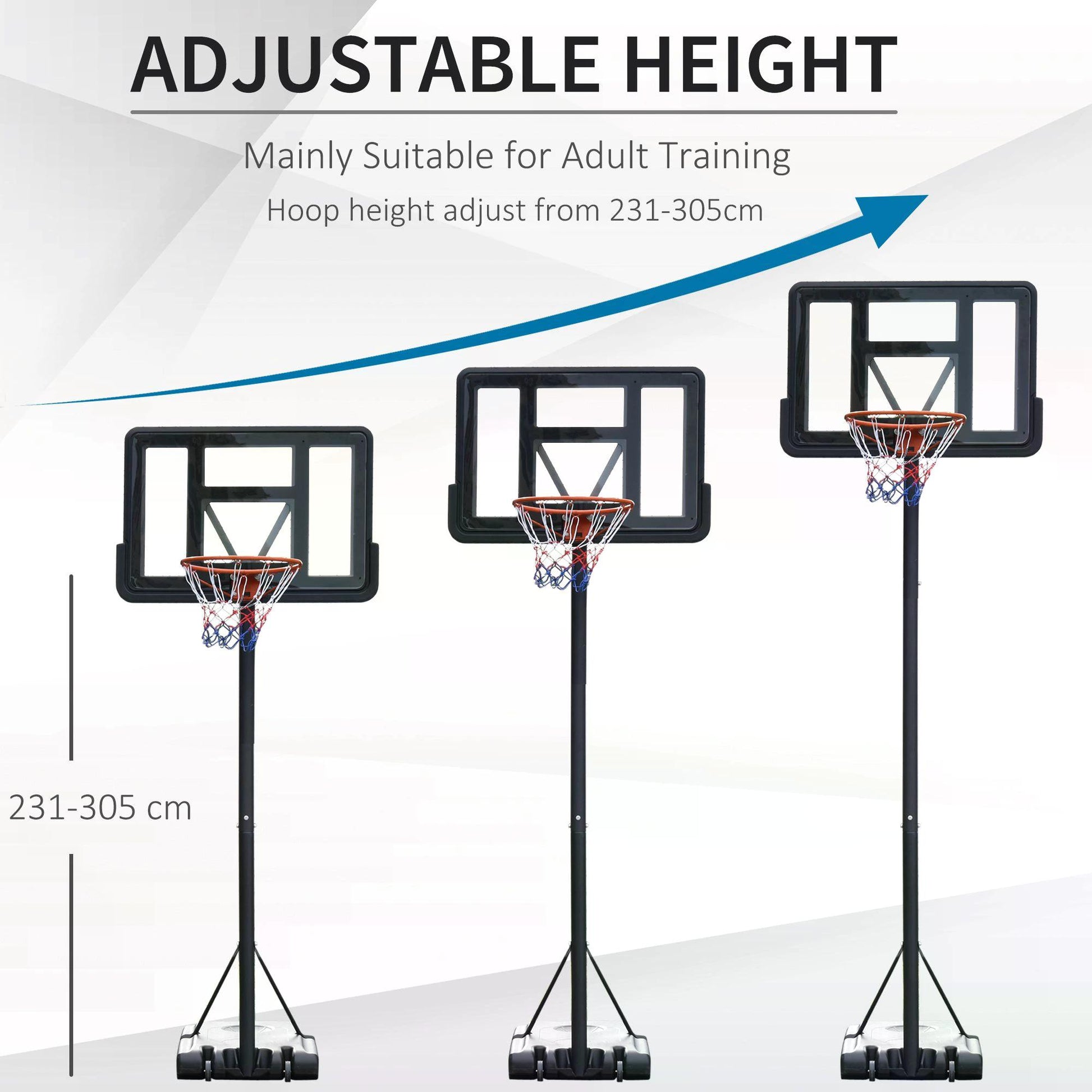 HOMCOM Portable Freestanding Basketball Hoop Stand Transparent Backboard 231-305cm Adjustable Basketball Hoop with Two Moving Wheels For Adult