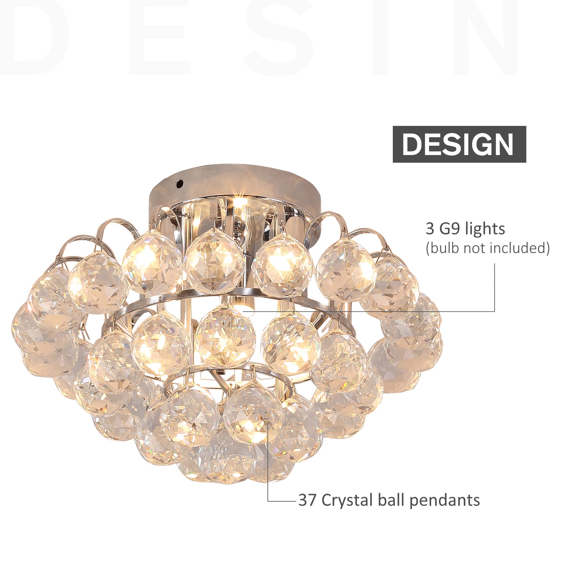 HOMCOM Crystal Ceiling Lamp Chandelier Hallway Flush Mount Pendant 3 Light ?30cm Silver
