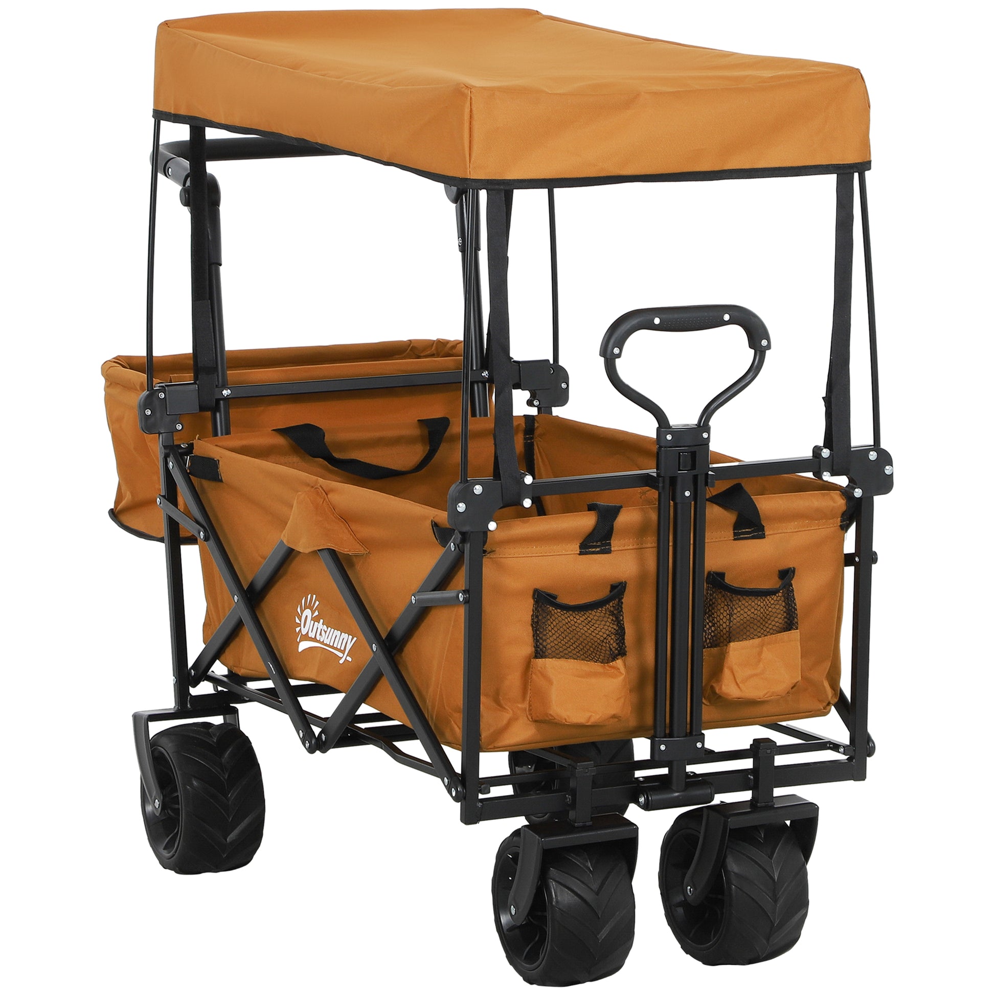 Outsunny 120L Festival Trolley on Wheels, Folding Camping Trolley Cart with Removable Canopy, All-Terrain Wheels, Adjustable Handle and Side Pockets for Garden Beach Fishing Shopping, Orange