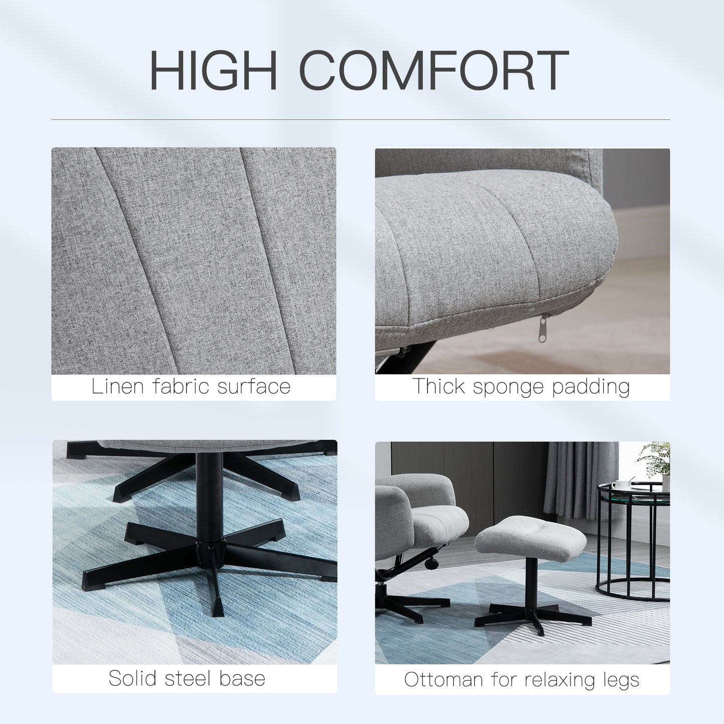 HOMCOM Linen Fabric Recliner and Ottoman Set, Swivel Leisure Lounge Chair with Footstool, 135° Adjustable Backrest and Thick Foam Padding, Light Grey