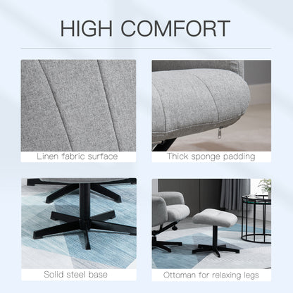 HOMCOM Linen Fabric Recliner and Ottoman Set, Swivel Leisure Lounge Chair with Footstool, 135° Adjustable Backrest and Thick Foam Padding, Light Grey