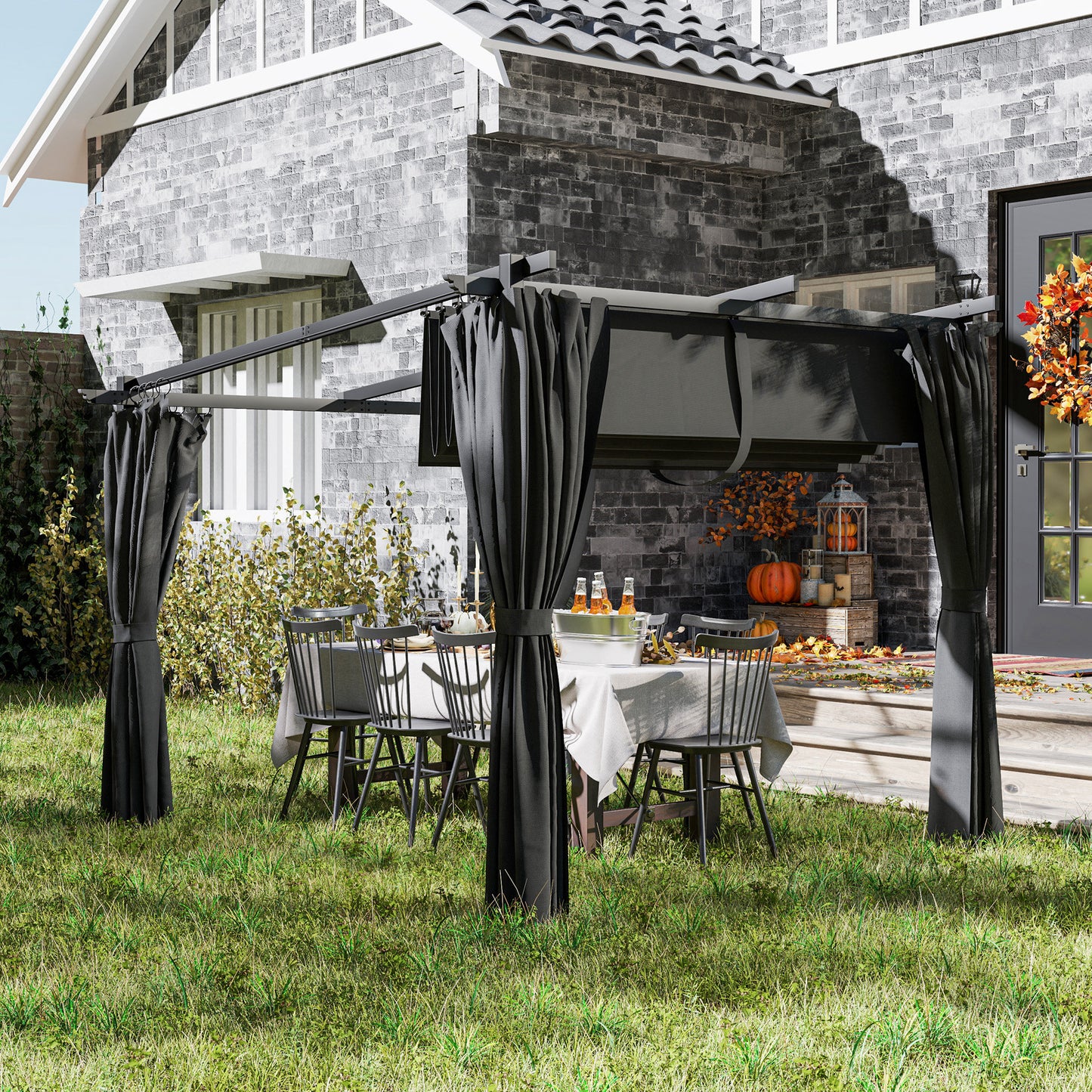 Outsunny 3 x 3 m Retractable Roof Pergola, with Curtains - Dark Grey