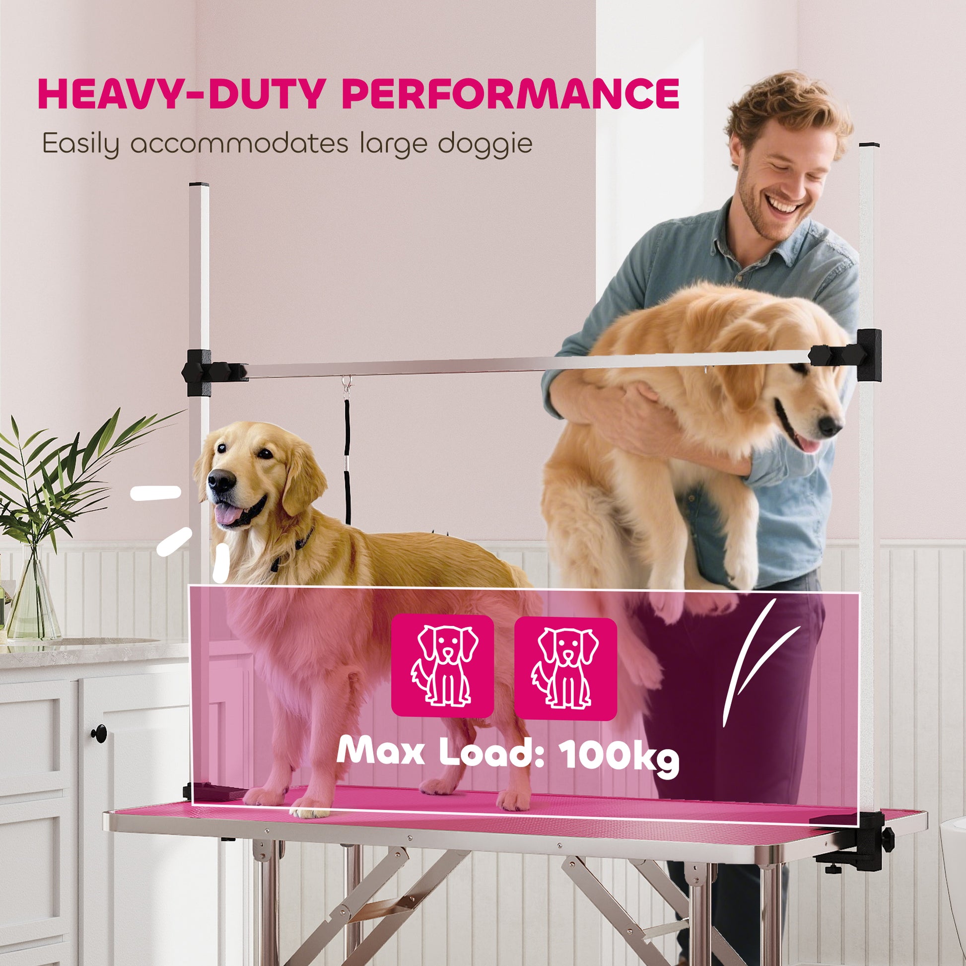 PawHut 42" Dog Grooming Table, Adjustable Pet Cat Drying Beauty Table with 2 Loops Storage Basket, Rubber Top, Pink