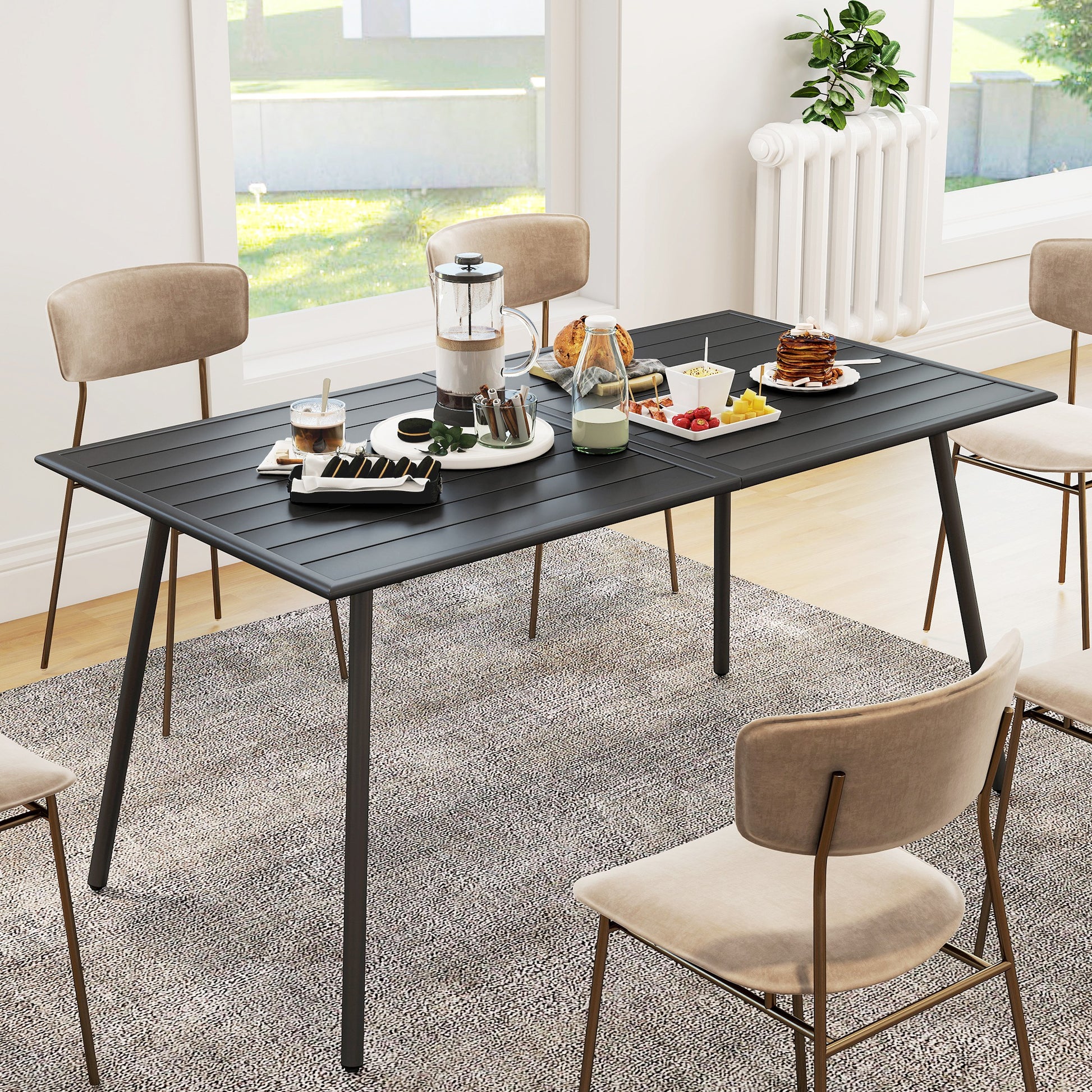 Outsunny Rectangle Garden Table with Slat Top, Steel Frame, Outdoor Table for 6 Person, 150 x 80 x 74 cm, Black