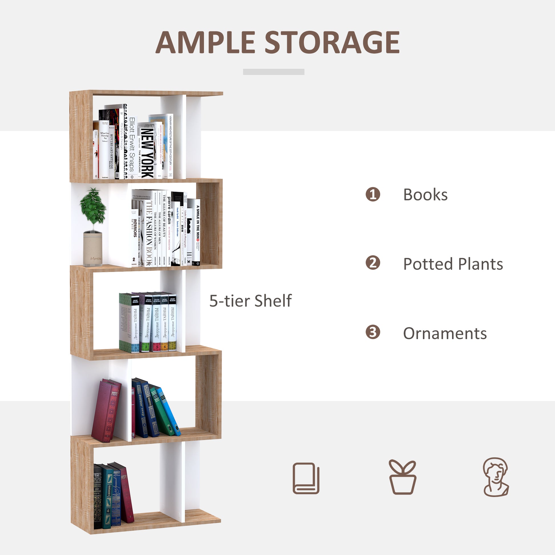 HOMCOM 5-tier Bookcase Storage Display Shelving S Shape design Unit Divider White