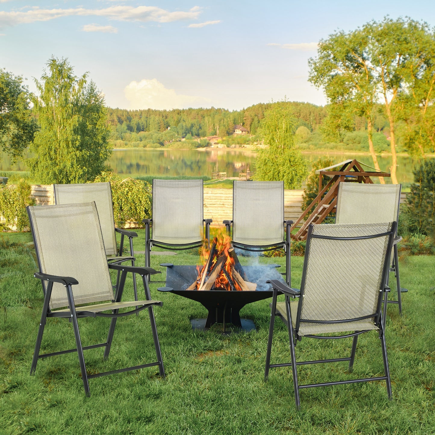 Outsunny Set of Six Folding Garden Chairs - Beige