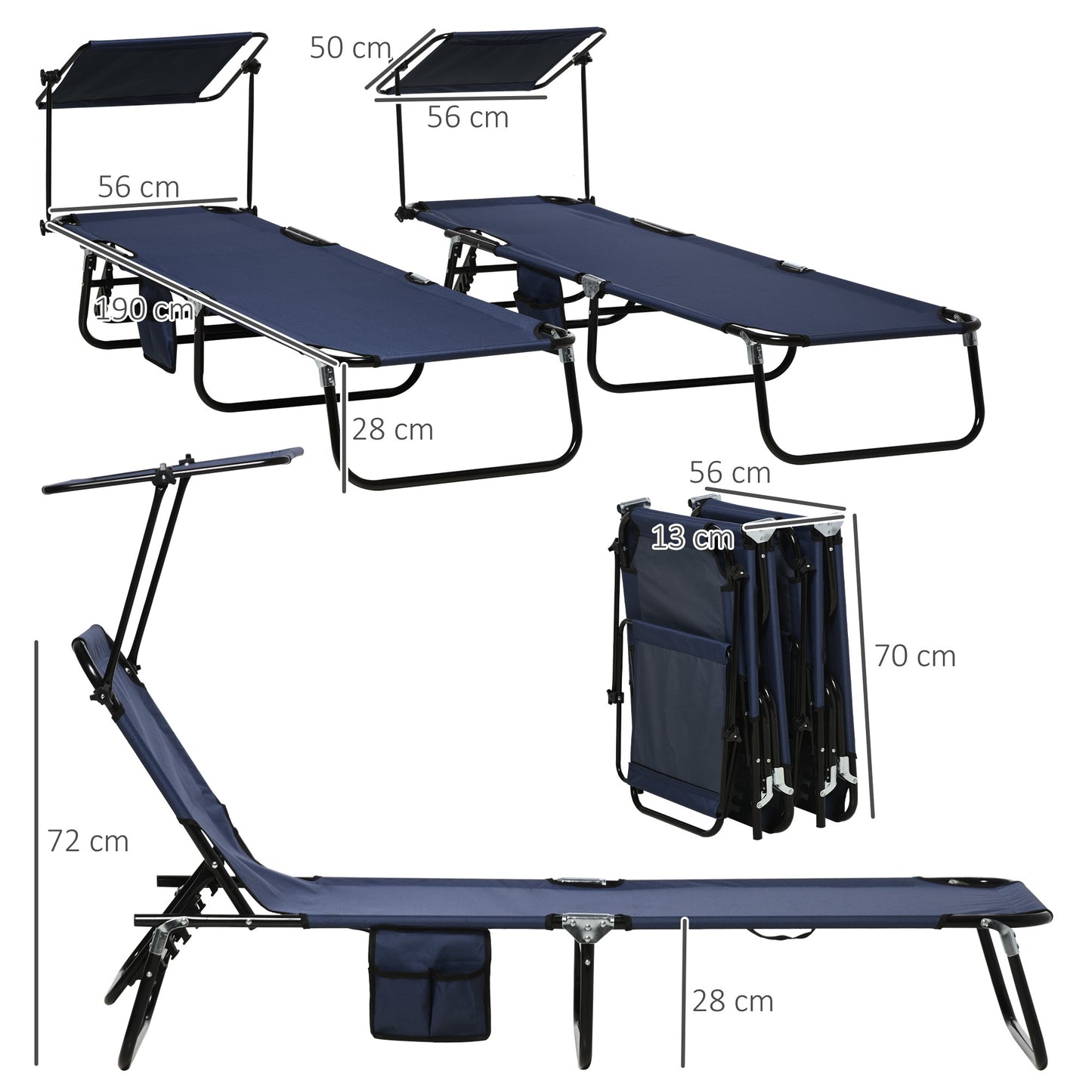 Outsunny Set of Two Folding Sun Loungers, with Adjustable Backs and Sun Canopies - Dark Blue