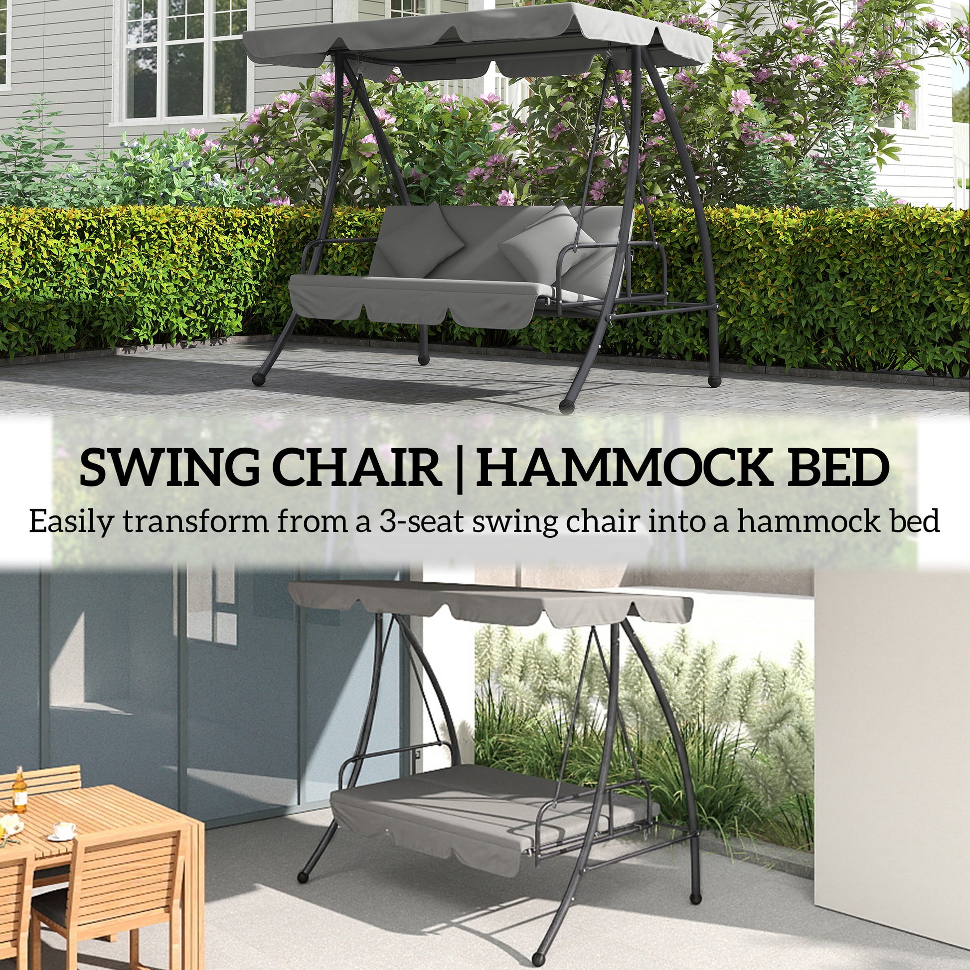 Outsunny Outdoor 2-in-1 Swing Chair Lounger 3 Seater Garden Swing Seat Bed Convertible Tilt Canopy W/ Cushion, Light Grey