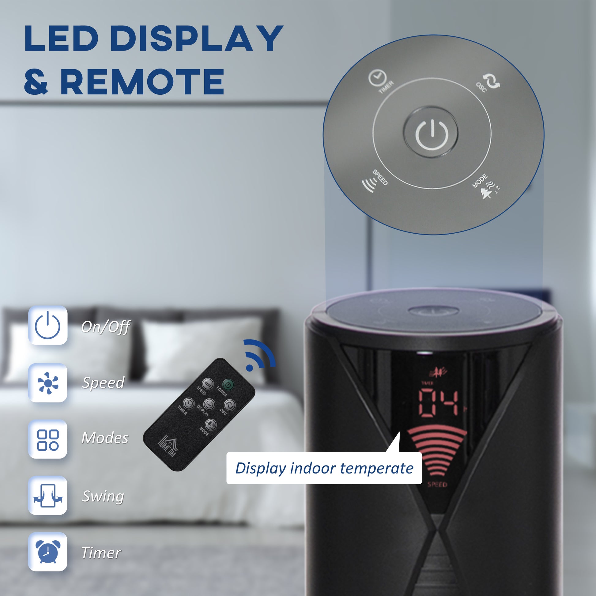 HOMCOM 38" Oscillating Tower Fan Remote Control 3 Speed Modes 12-Hour Timer Ultra Slim Cooling Machine Black - ?31.5 x H96cm