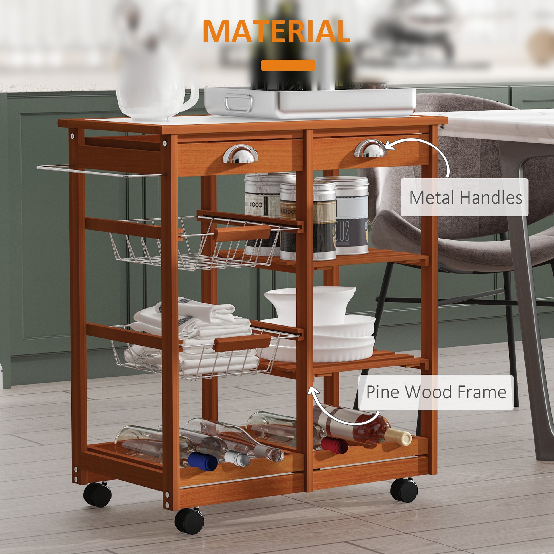 Homcom Wooden Kitchen Trolley Cart Drawers, 3 Shelves