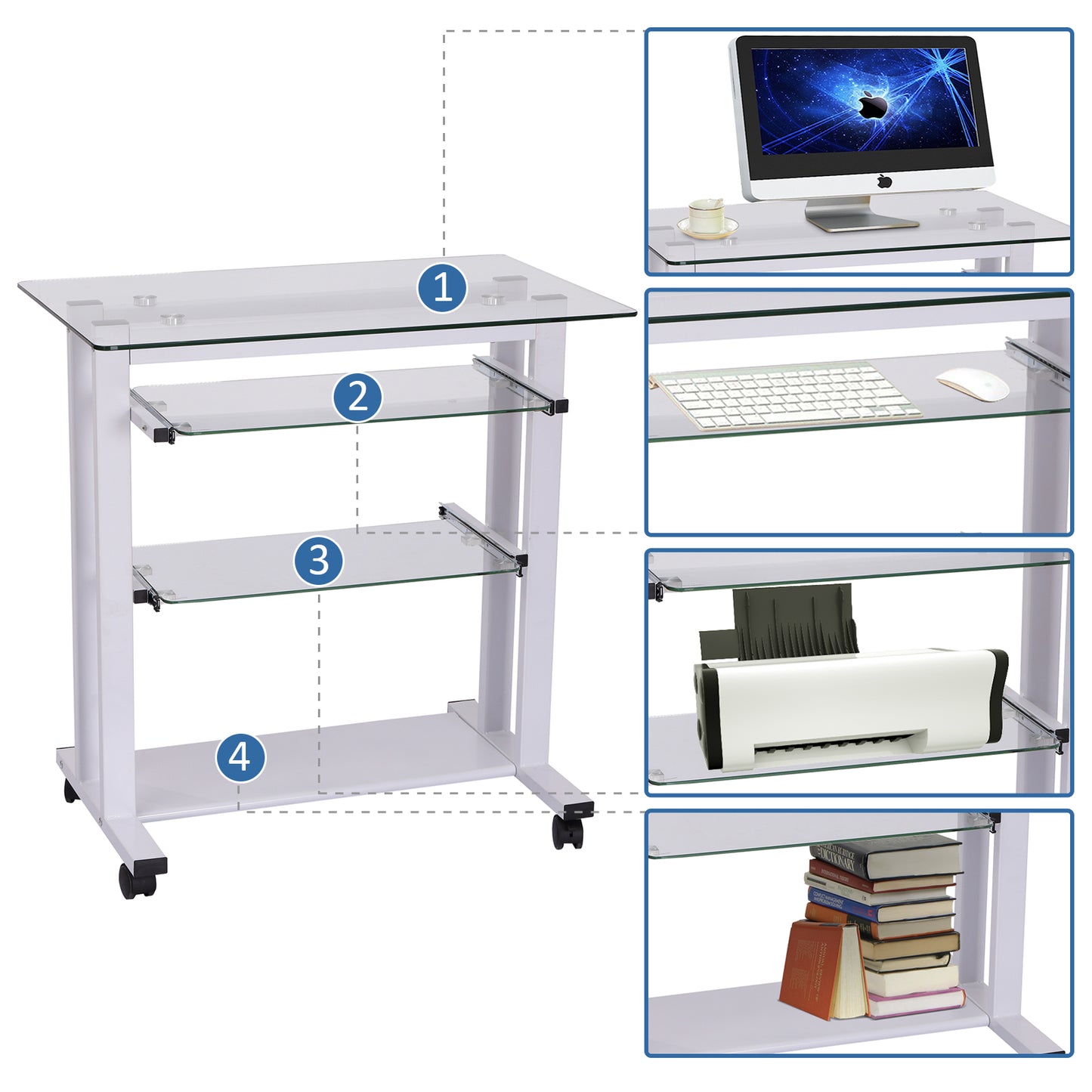 HOMCOM Computer Desk Glass Table Workstation Laptop pc desk mobile  with wheels White