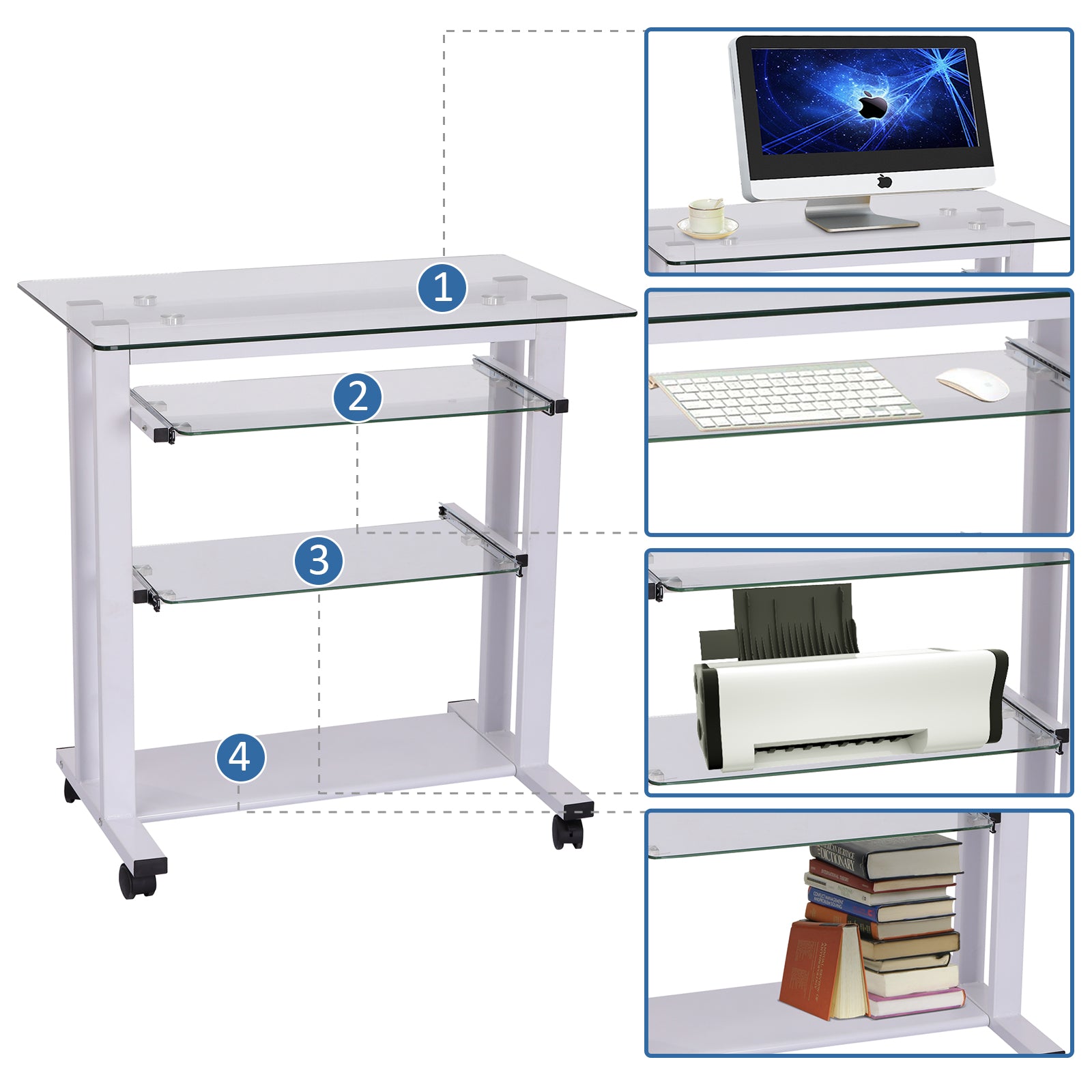 HOMCOM Computer Desk Glass Table Workstation Laptop pc desk mobile  with wheels White
