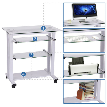HOMCOM Computer Desk Glass Table Workstation Laptop pc desk mobile  with wheels White