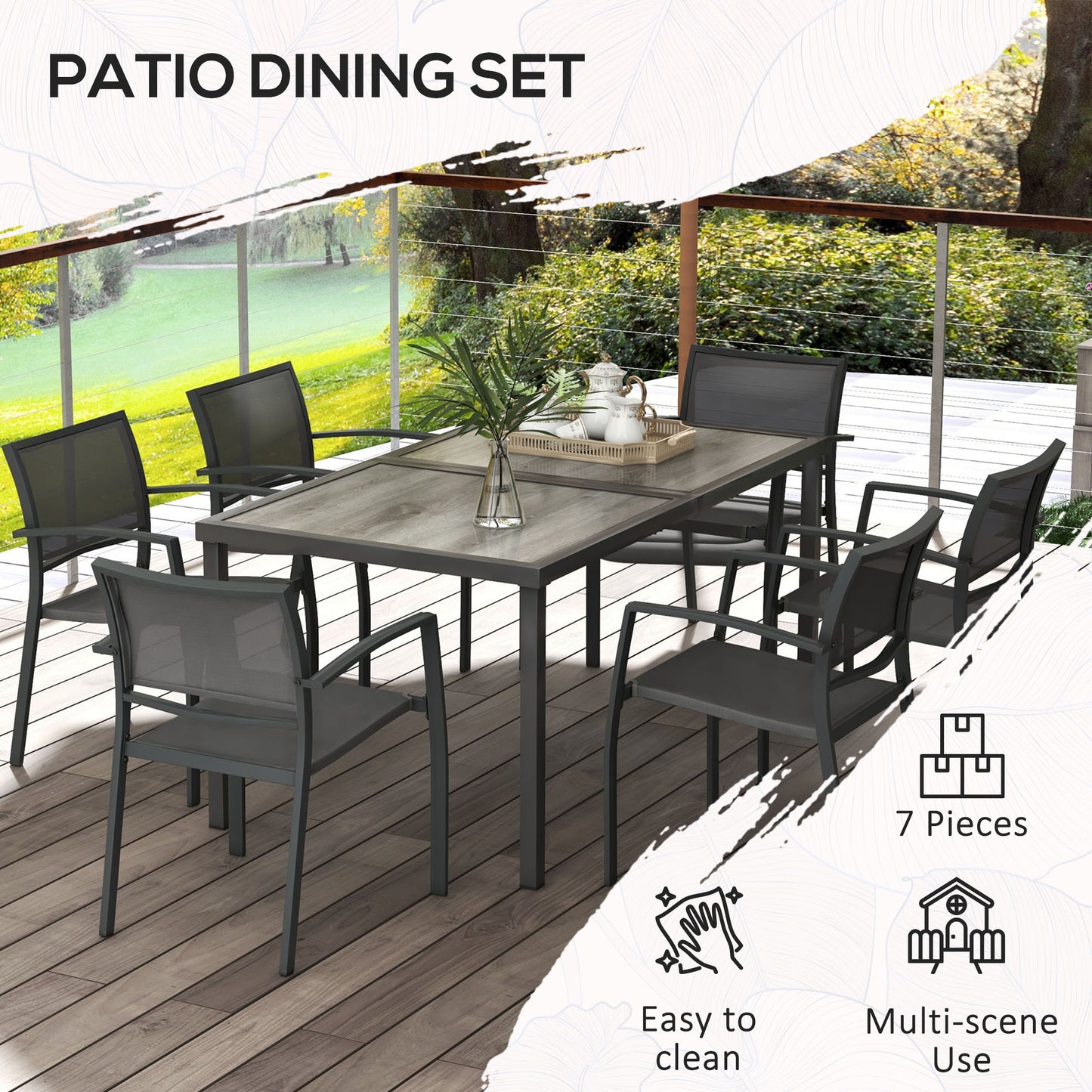 Outsunny Seven-Piece Casual Outdoor Dining Set, with Wood-Effect Table - Grey