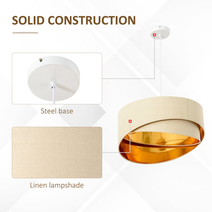 HOMCOM Modern Pendant Light with Adjustable Hanging Chain and Two Bevel Nested Lampshade, Metal Chandelier for Living Room, Bedroom, Beige and Gold