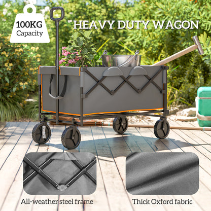 Outsunny 160L Festival Trolley on Wheels, Folding Camping Trolley Cart w/ Tailgate, 100kg Heavy Duty Garden Collapsible Folding Wagon w/Adjustable Handle, Carry Bag for Beach Picnic, Grey and Orange