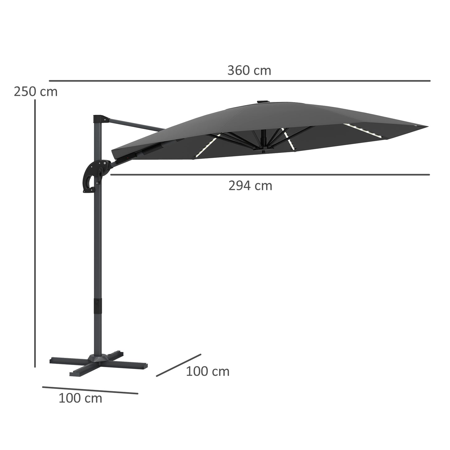 Outsunny 3(m) Cantilever Garden Parasol with Solar Powered Lights, Crank Handle & Cross Base, UPF 50+, 360° Rotation, Dark Grey