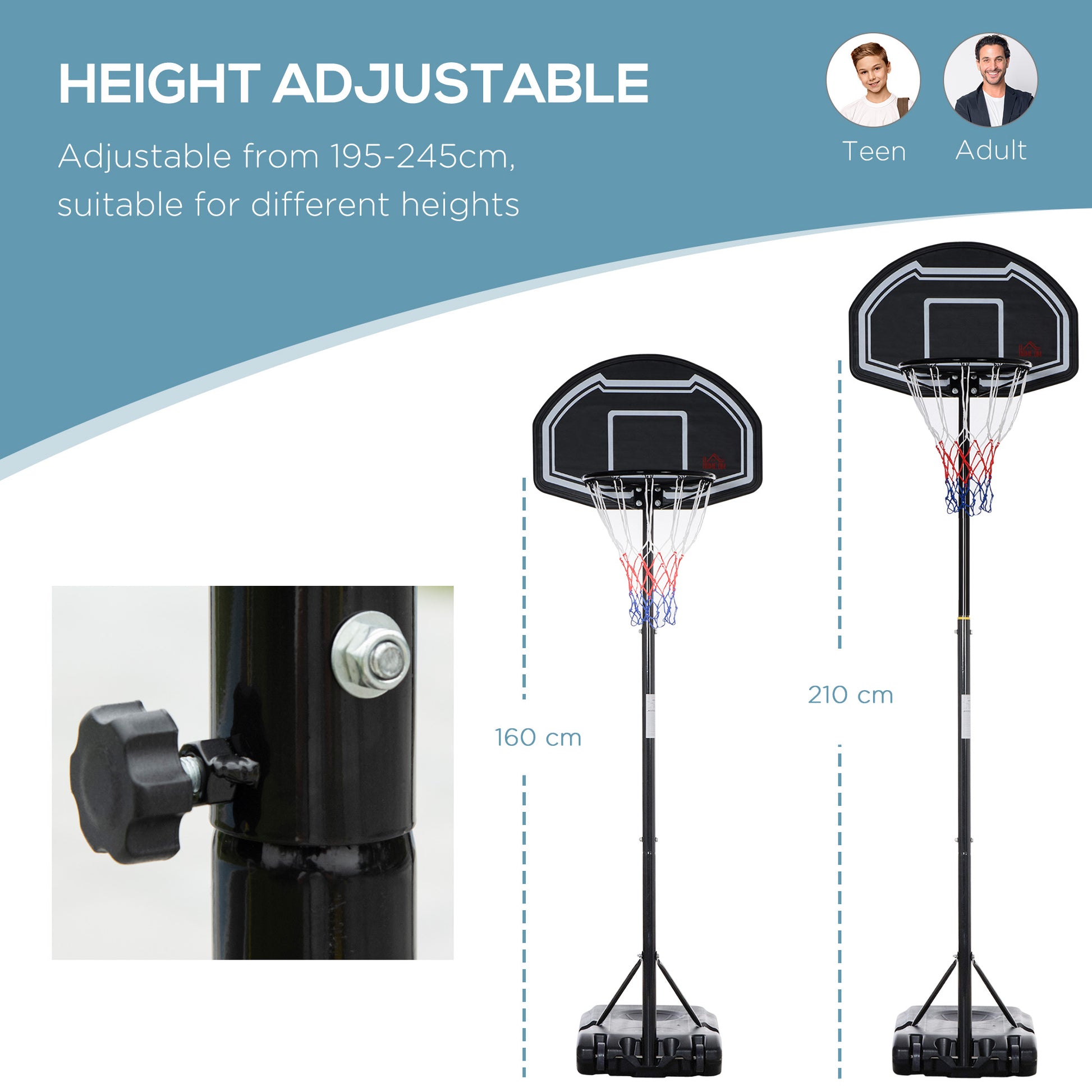 HOMCOM Adjustable Basketball Hoop and Stand, with Wheels and Weight Base