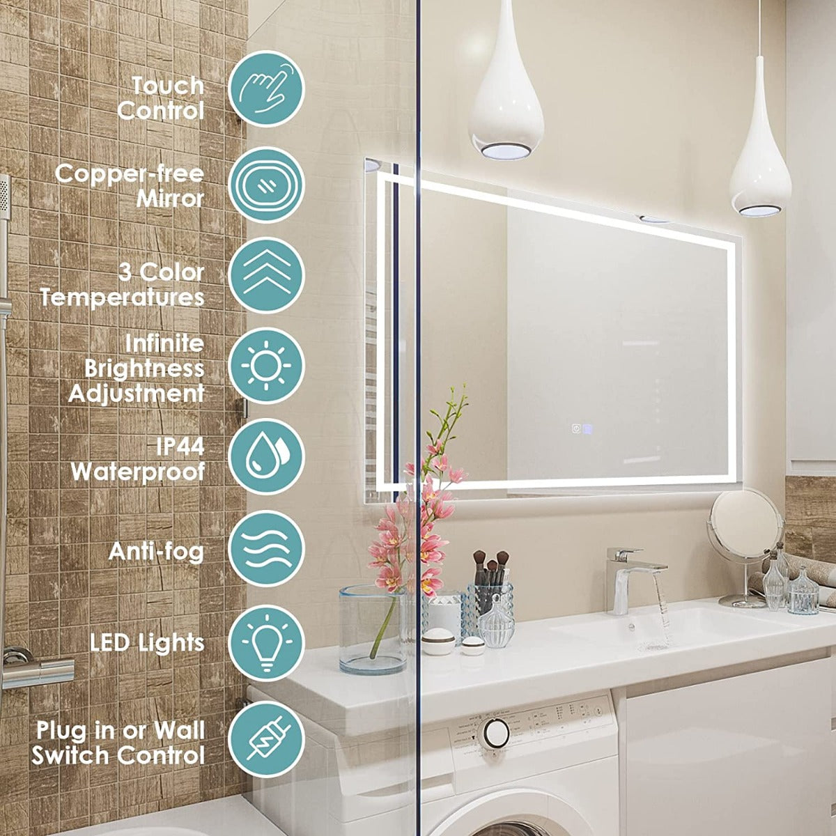 80 x 60 cm LED Lighted Mirror with Adjustable Brightness and Color Temperature