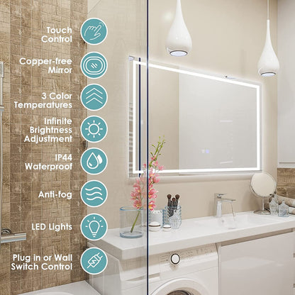 80 x 60 cm LED Lighted Mirror with Adjustable Brightness and Color Temperature