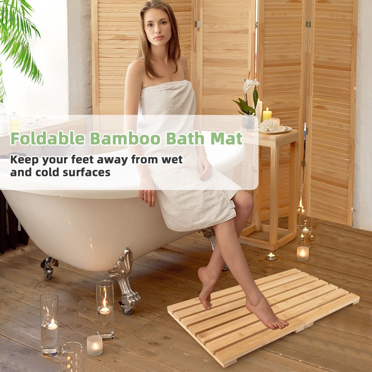 Folding Bamboo Bath Mat with Non-Slip Feet for Shower Sauna and Spa-Natural