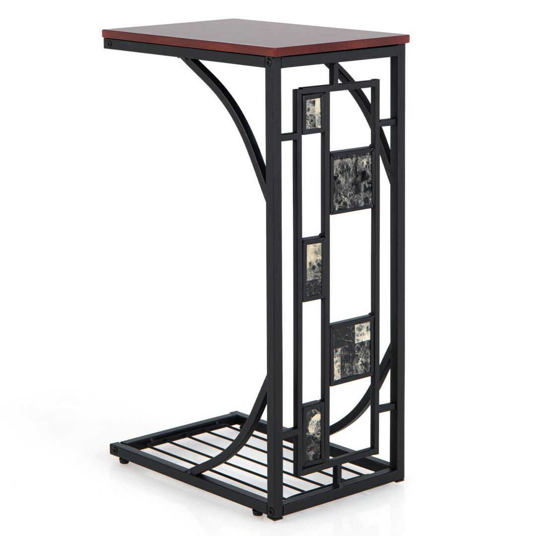 C-Shaped Sofa Side Table with Storage Shelf for Living Room -Brown