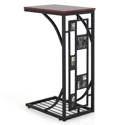 C-Shaped Sofa Side Table with Storage Shelf for Living Room -Brown
