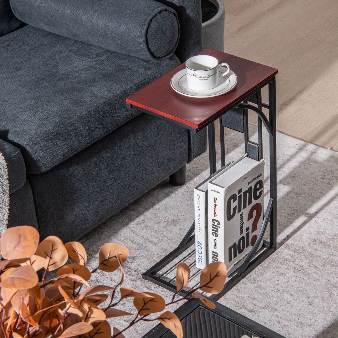 C-Shaped Sofa Side Table with Storage Shelf for Living Room -Brown