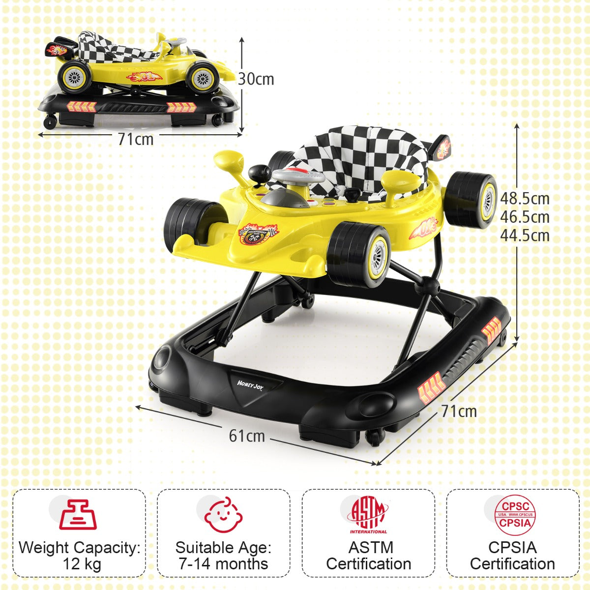 4-in-1 Foldable Baby Walker with Adjustable Height and Detachable Tray-Yellow