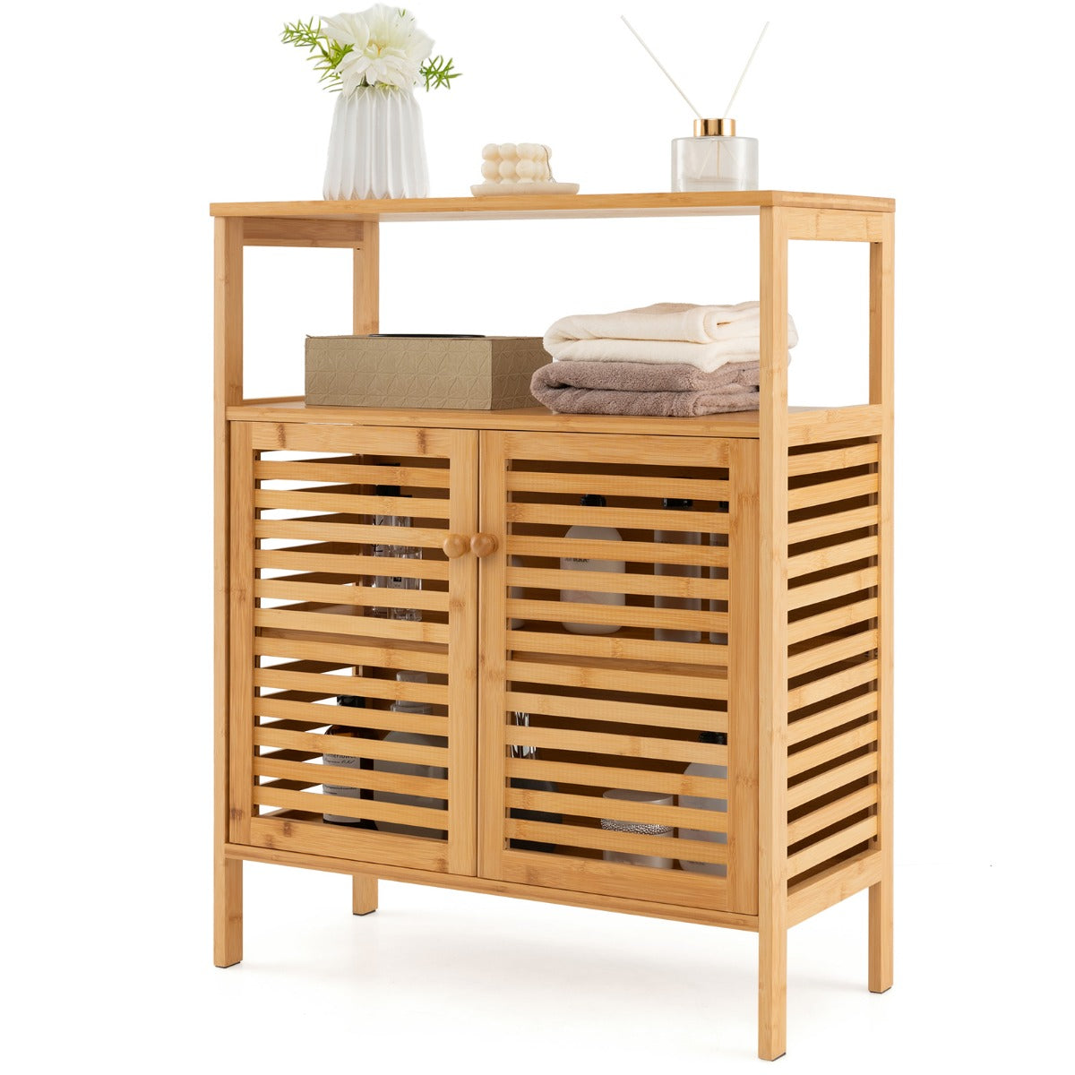 Bamboo Storage Cabinet with Double Louvered Doors-Natural
