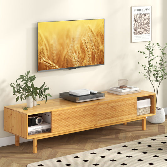 Bamboo TV Stand for 65” 70” TVs with Sliding Doors and 3 Storage Compartments-Natural