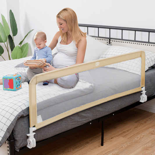 Toddler Safety Bed Rail with Adjustable Height and Durable Mesh Cloth-Beige