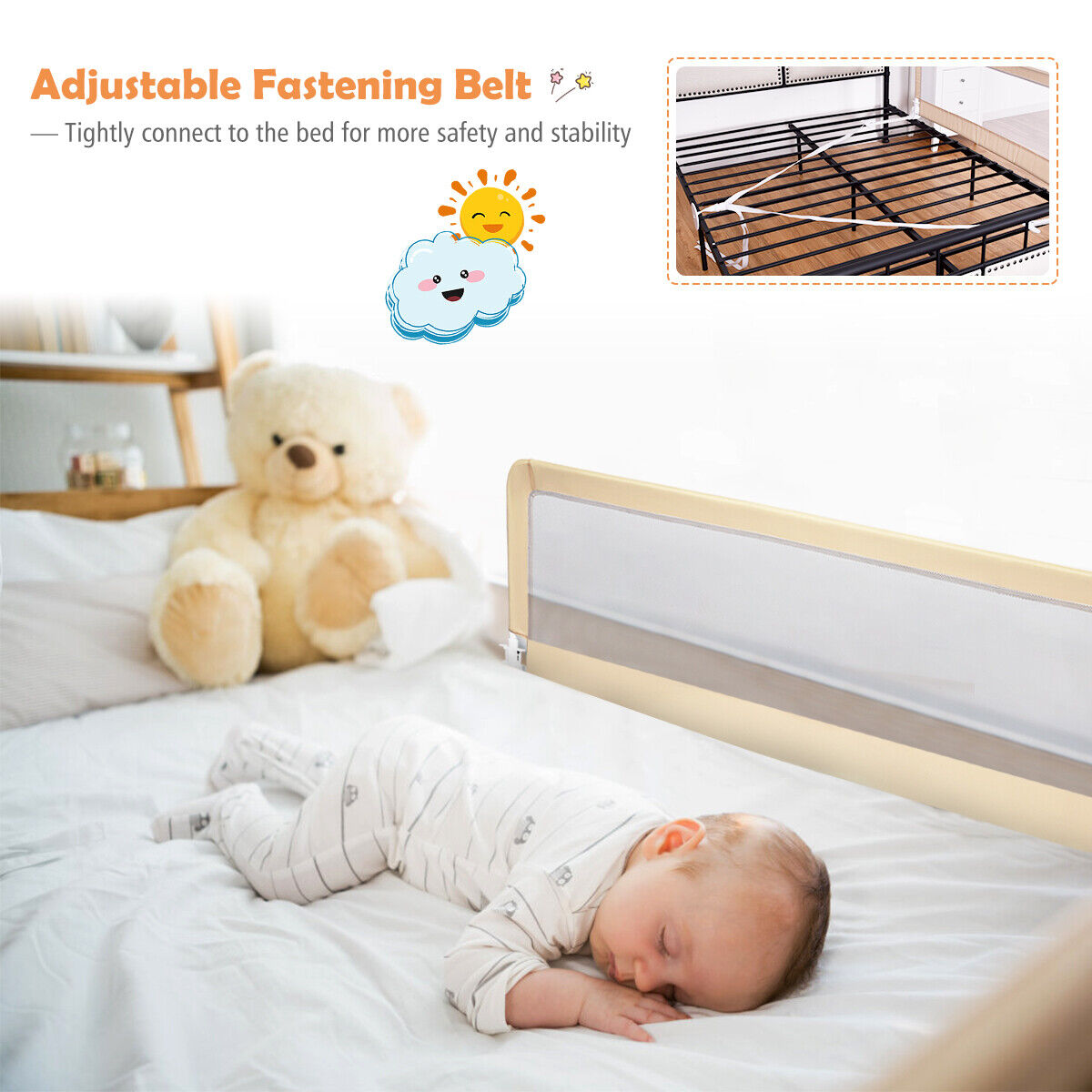 Toddler Safety Bed Rail with Adjustable Height and Durable Mesh Cloth-Beige