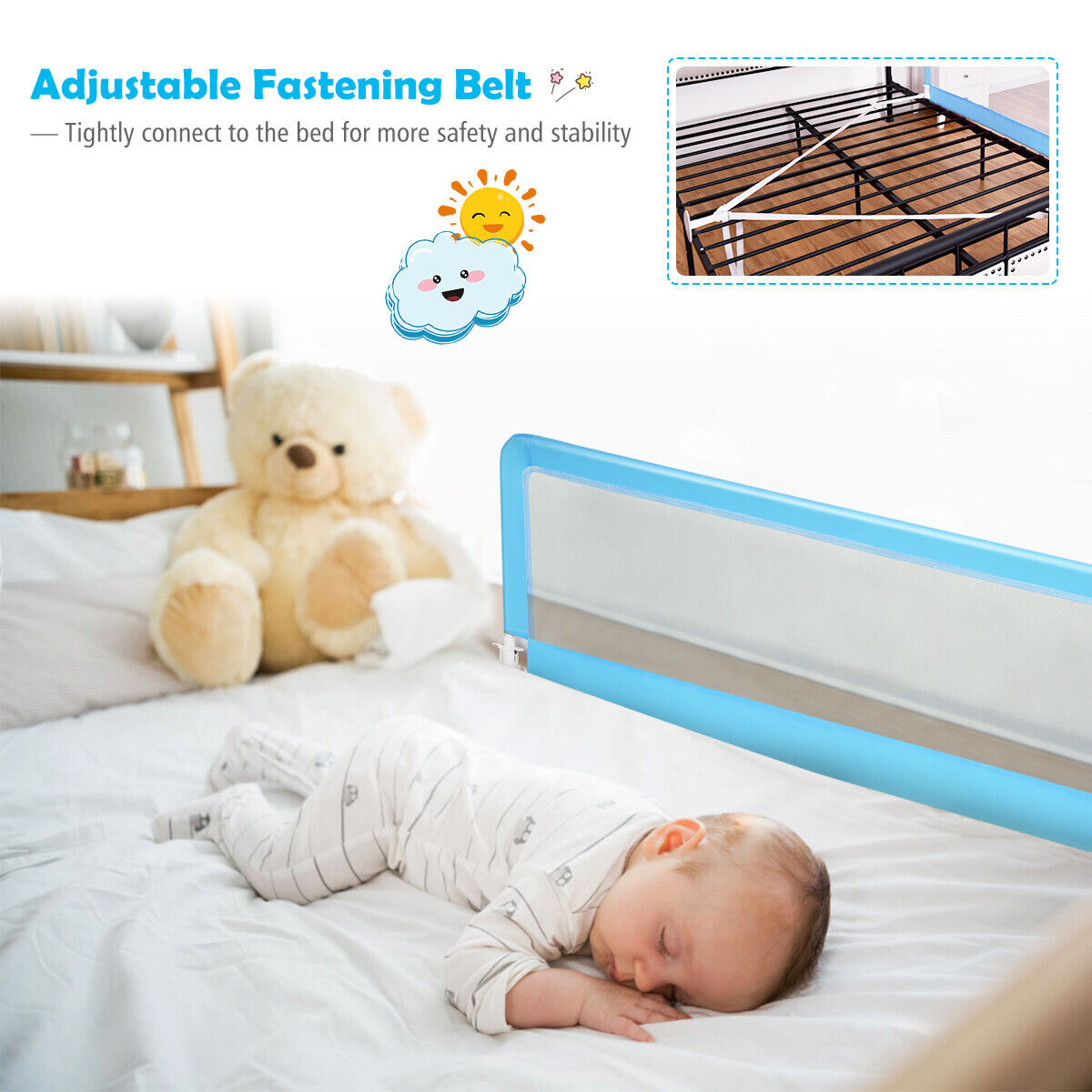 Toddler Safety Bed Rail with Adjustable Height and Durable Mesh Cloth-Blue