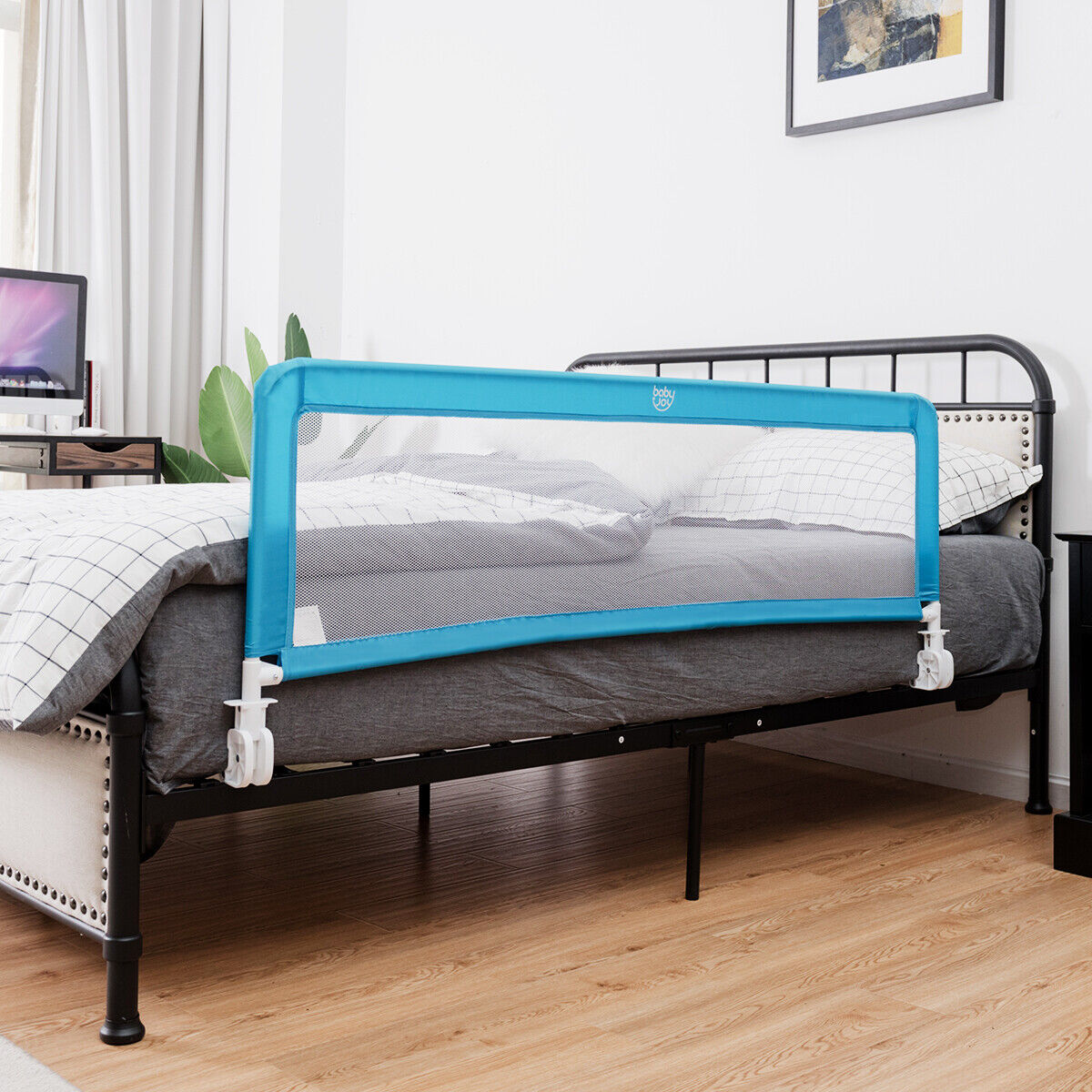 Toddler Safety Bed Rail with Adjustable Height and Durable Mesh Cloth-Blue