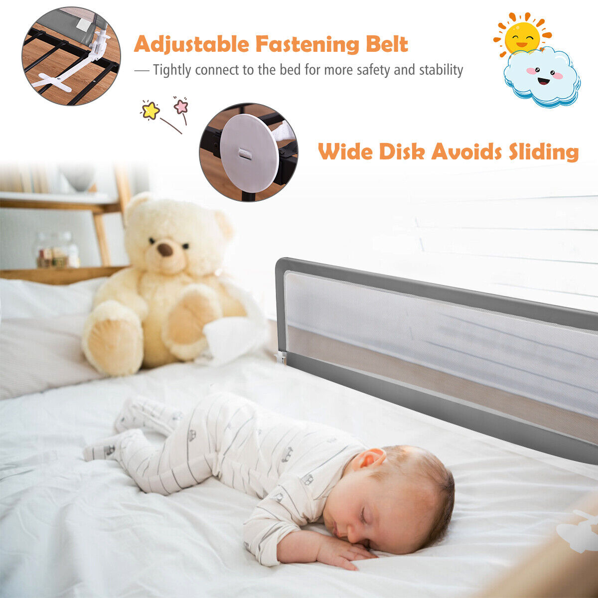 Toddler Safety Bed Rail with Adjustable Height and Durable Mesh Cloth-Grey
