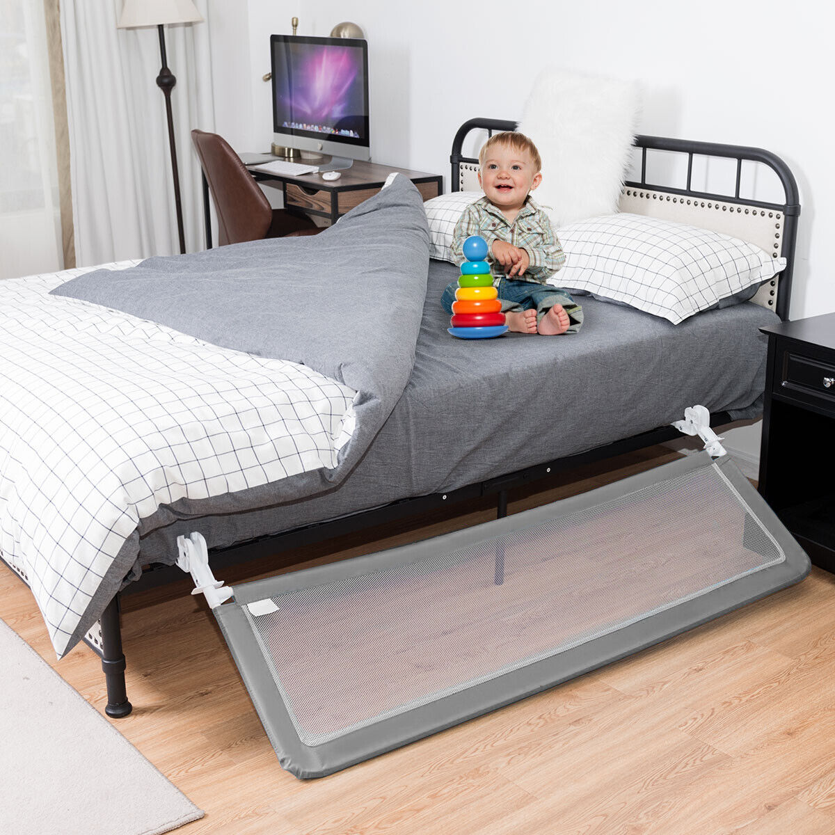 Toddler Safety Bed Rail with Adjustable Height and Durable Mesh Cloth-Grey
