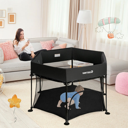 Portable Baby Playpen with Breathable Mesh and Removable Canopy-Black