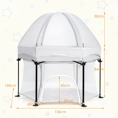 Portable Baby Playpen with Breathable Mesh and Removable Canopy-Grey