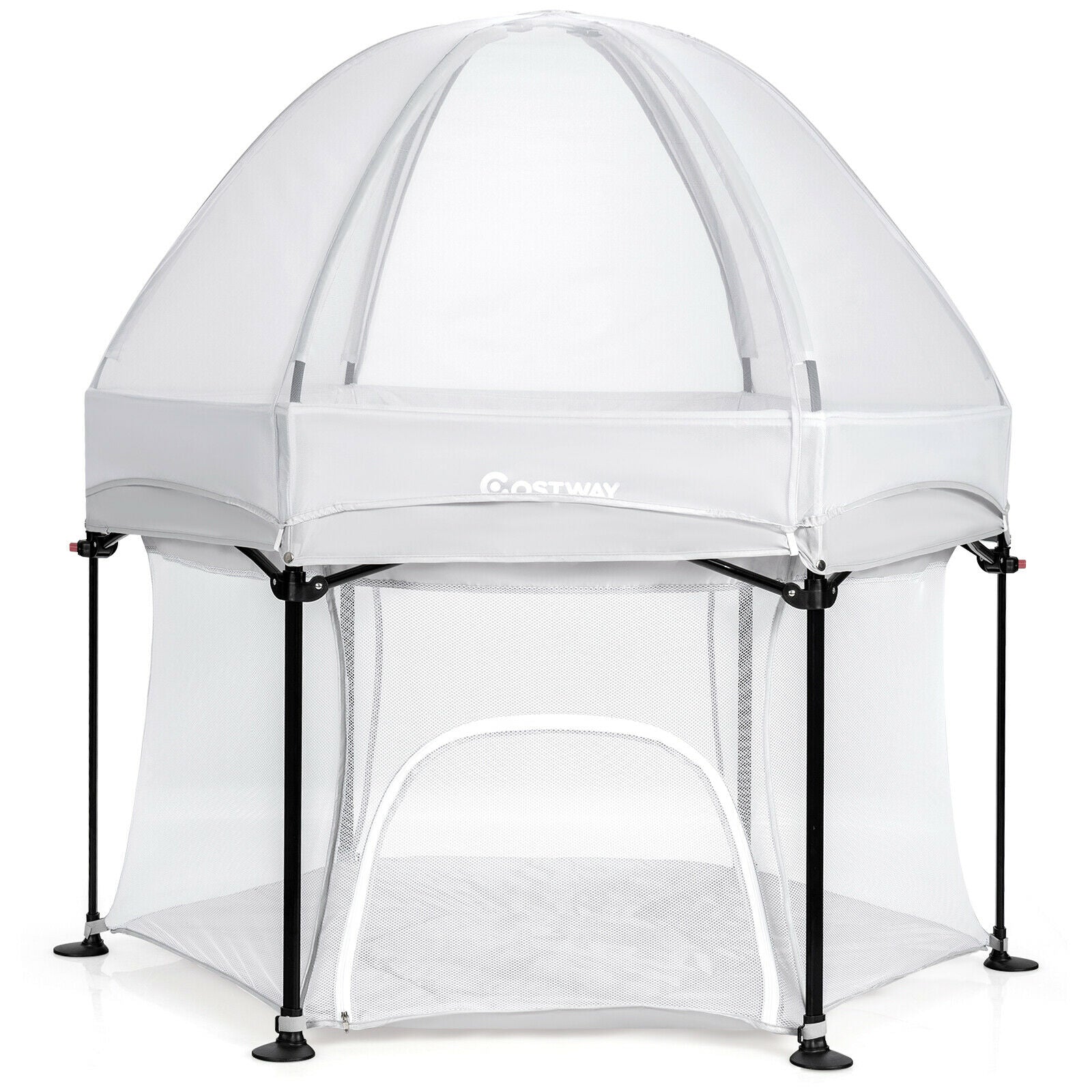 Portable Baby Playpen with Breathable Mesh and Removable Canopy-Grey