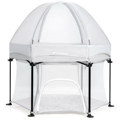 Portable Baby Playpen with Breathable Mesh and Removable Canopy-Grey