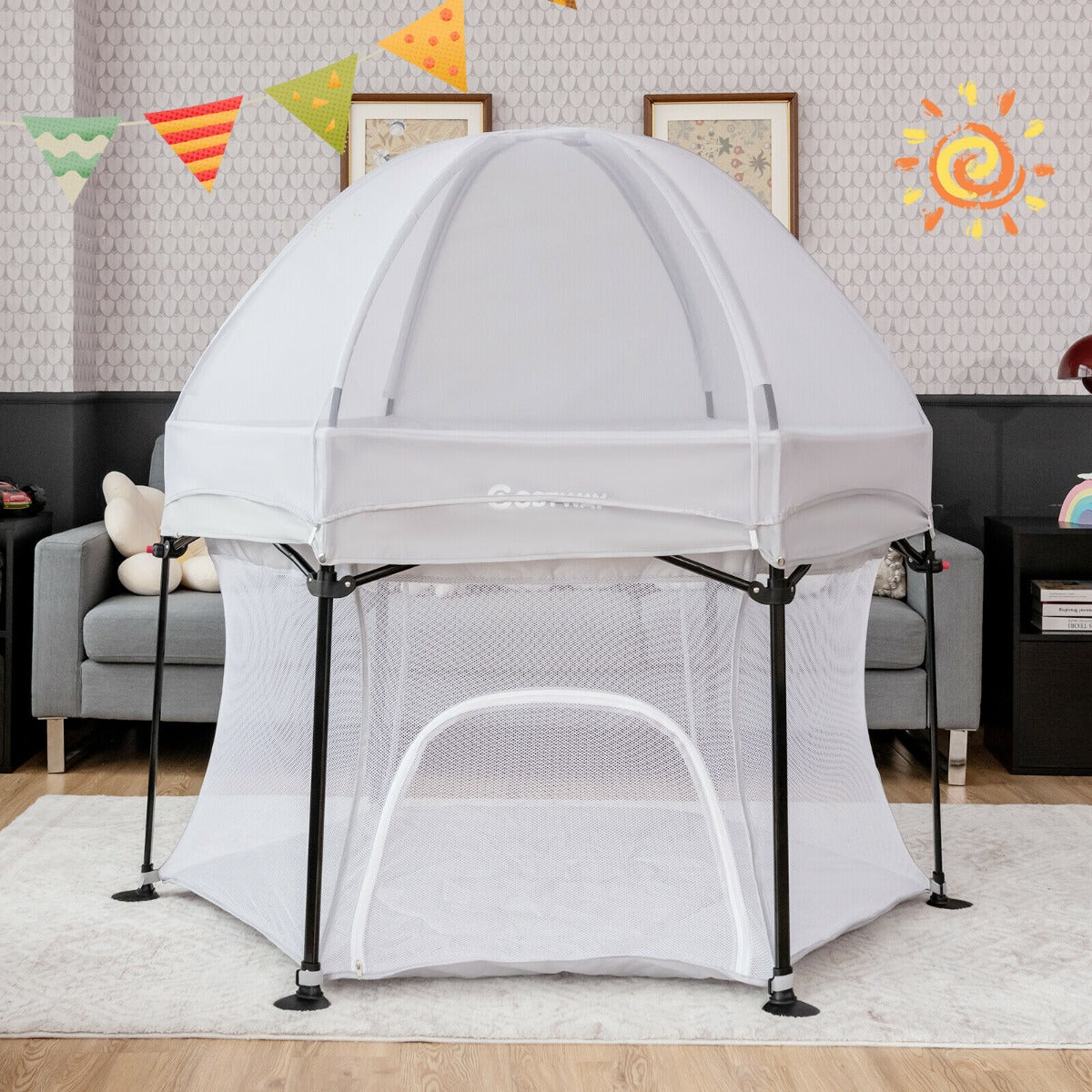 Portable Baby Playpen with Breathable Mesh and Removable Canopy-Grey
