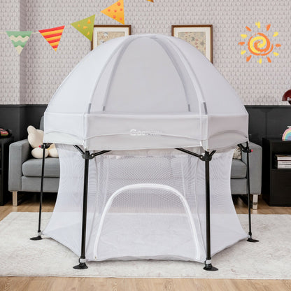 Portable Baby Playpen with Breathable Mesh and Removable Canopy-Grey