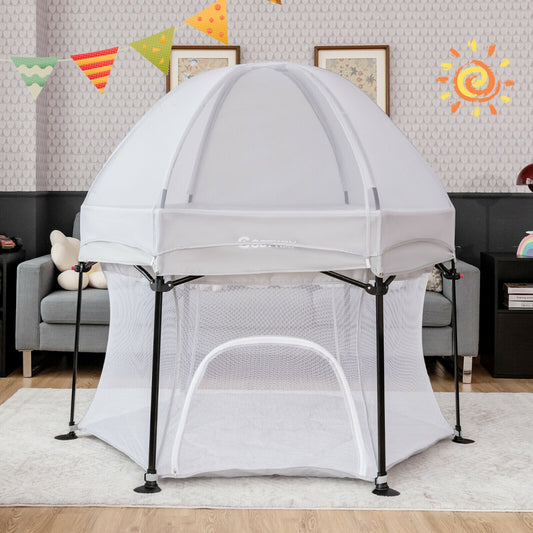 Portable Baby Playpen with Breathable Mesh and Removable Canopy-Grey