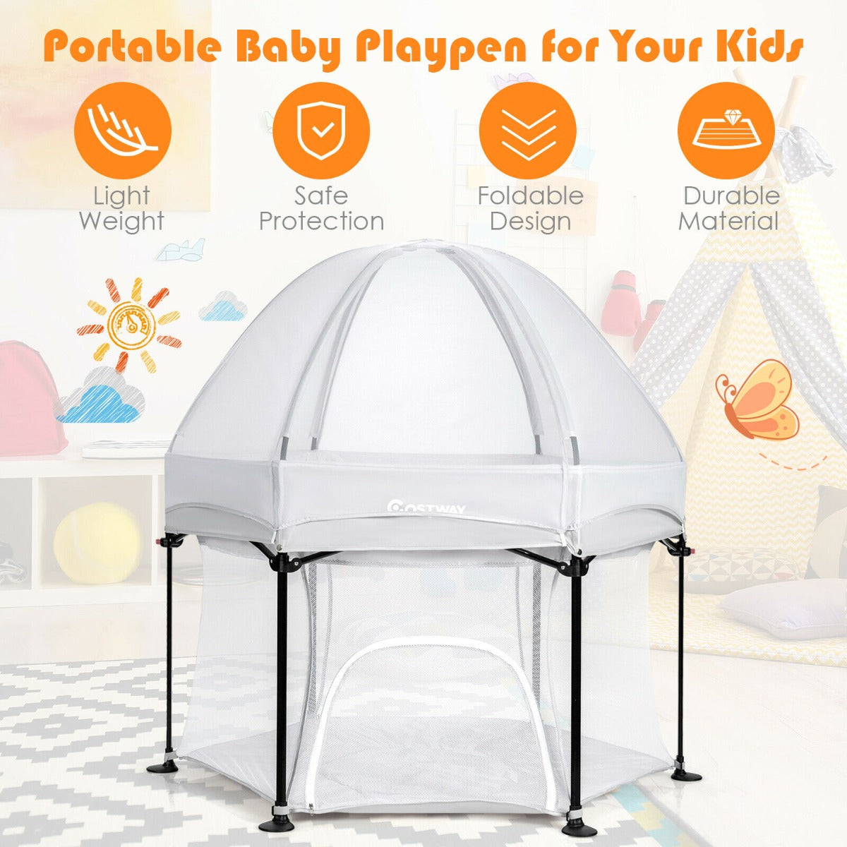 Portable Baby Playpen with Breathable Mesh and Removable Canopy-Grey