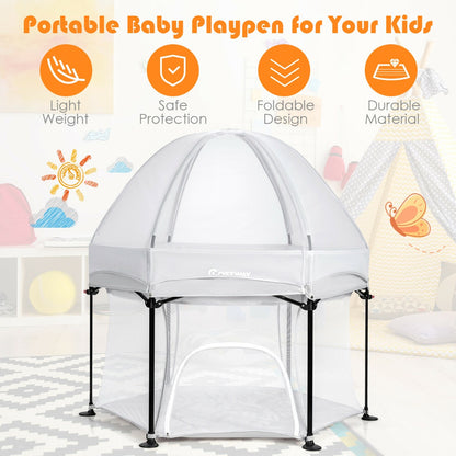 Portable Baby Playpen with Breathable Mesh and Removable Canopy-Grey