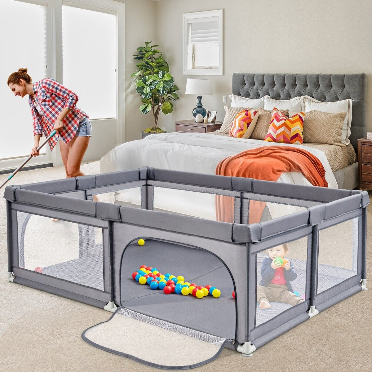 Kids Infant Safety Yard Activity Center with Ocean Balls-Dark Grey