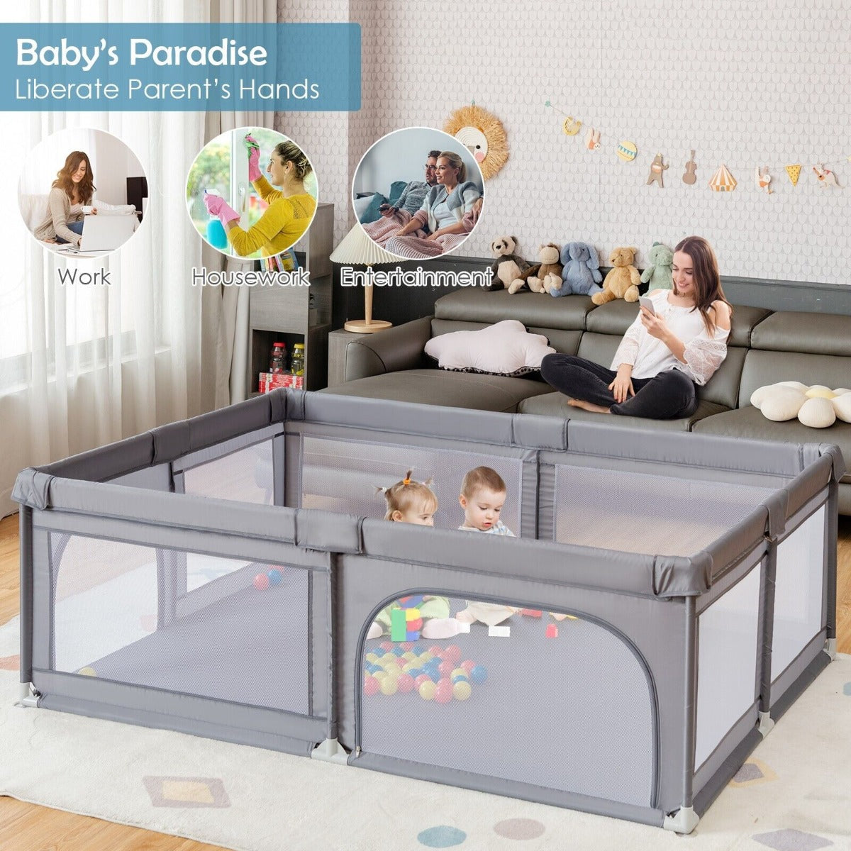 Kids Infant Safety Yard Activity Center with Ocean Balls-Dark Grey
