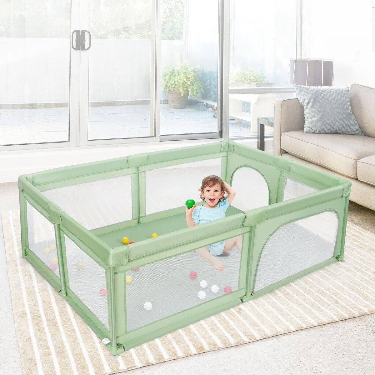 Large Baby Playpen with 50 Balls and Zipper Door-Green